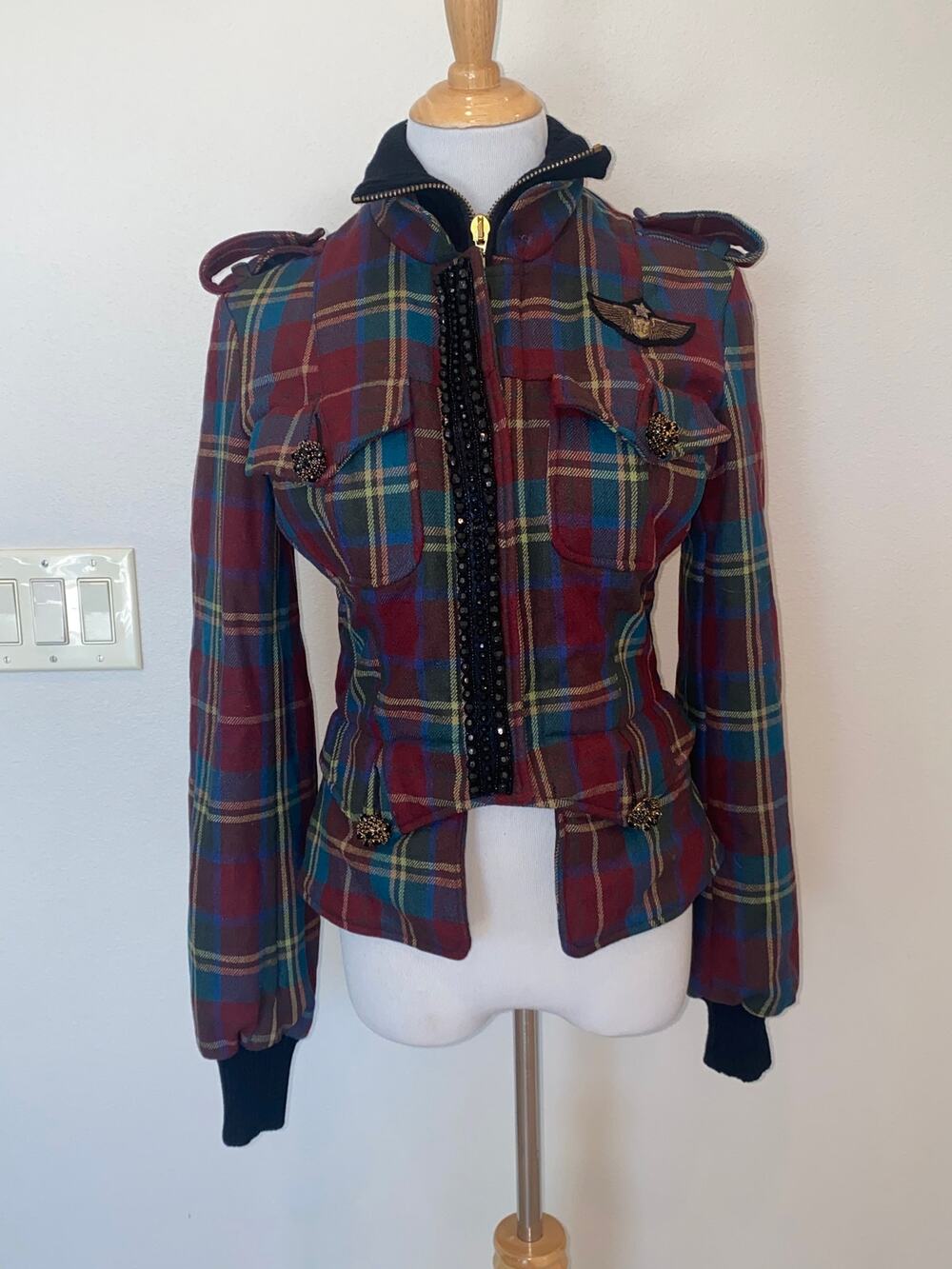 Gaetano Navarra Plaid Short Jacket Flight Bomber Wool Blend Italy size 42 US 6